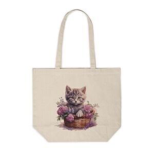 Floral Cat in a Basket Custom Canvas Tote Bag